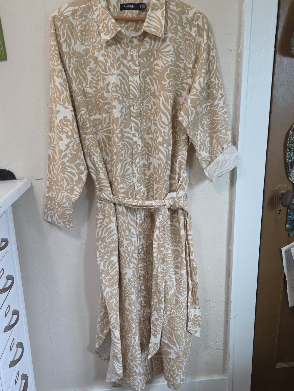 100% Linen Lauren Ralph Lauren Beige Floral Button-Front Shirt Dress Size 18W